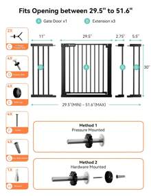 COMOMY 30" Tall Baby Gate For Stairs Doorways, Fits Openings 29.5" To 51.6" Wide, Auto Close Extra Wide Dog Gate For House, Pressure Mounted Easy Walk Through Pet Gate With Door, Black