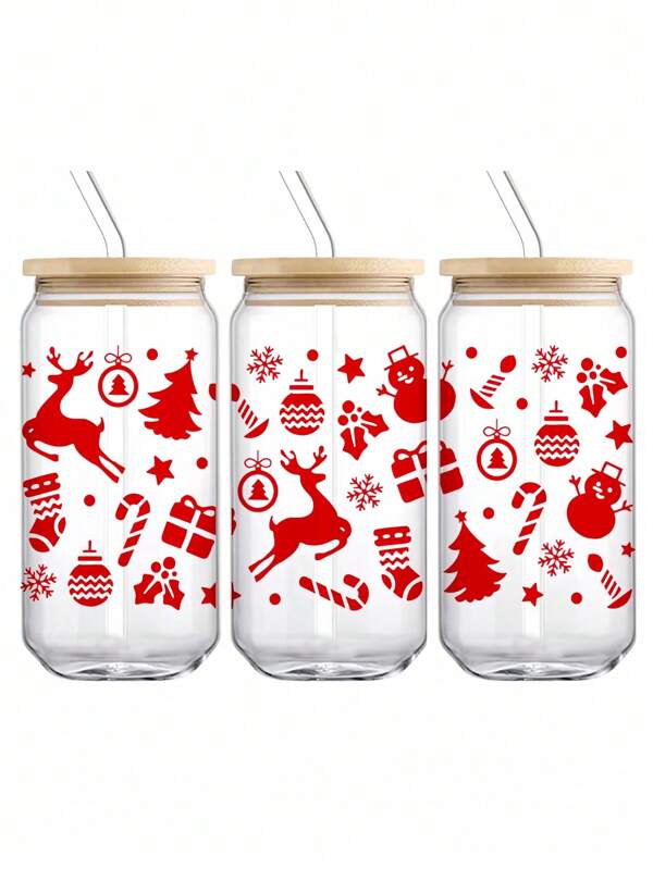 1 Pc Cup Red Christmas Moose 550ml Glass,High Borosilicate Glass,Cup With Sealed Bamboo Lid And Straw, Christmas, Halloween,Suitable For Office And School, For Coffee, Tea, Beer, Juice, Hot And Cold Drinks, Smoothies, Etc,Reusable, Thermal Insulation, Used For Party, Gatherings, Festivals, Thanksgiving,Teachers' Day, Holiday Gifts, A Gift For Mom, Lovers, Boyfriends And Girlfriends,Best Friend, Bride. Back To School