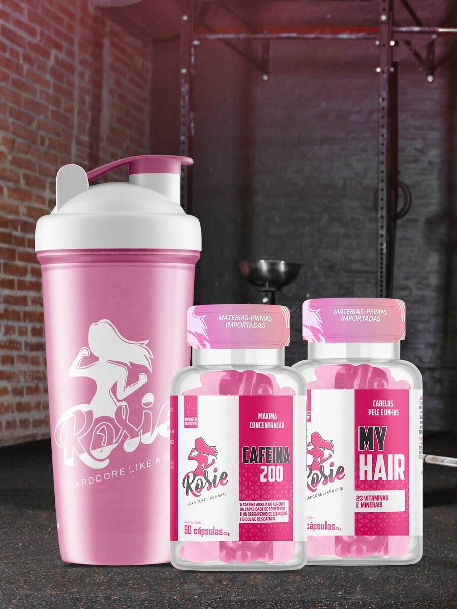 Kit Caffeine Anhydrous 200 Rosie 60 Capsules + My Hair Rosie 60 Capsules + Rosie Shaker 600ml - Energy And Hair Care In One Kit! - Không vị - Xem 1