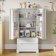 Asofer Kitchen Cabinet, 120CM Tall Kitchen Cupboard, Pantry Cupboard, Buffet Cupboard With Adjustable Shelves, Dining Room Cupboard With Drawers, For Living Room Kitchen, Valentine's Day Ideas - 白色 - 查看 1