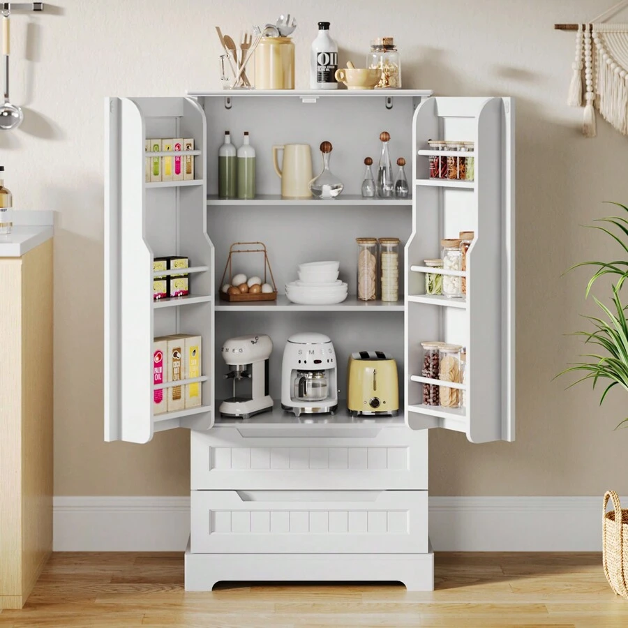 Asofer Kitchen Cabinet, 120CM Tall Kitchen Cupboard, Pantry Cupboard, Buffet Cupboard With Adjustable Shelves, Dining Room Cupboard With Drawers, For Living Room Kitchen, Valentine's Day Ideas - 白色 - 查看 1