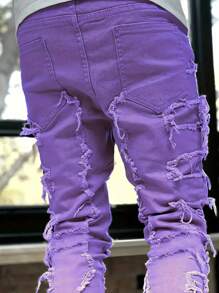 1 Quần Jeans Denim Đơn Giản, Màu Trơn, Viền Thô, Phong Cách Emo Cho Nam, Mặc Hàng Ngày - Màu tím hoa cà - Xem 4