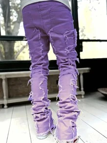 1 Quần Jeans Denim Đơn Giản, Màu Trơn, Viền Thô, Phong Cách Emo Cho Nam, Mặc Hàng Ngày - Màu tím hoa cà - Xem 2