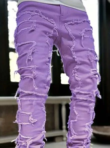 1 Quần Jeans Denim Đơn Giản, Màu Trơn, Viền Thô, Phong Cách Emo Cho Nam, Mặc Hàng Ngày - Màu tím hoa cà - Xem 5