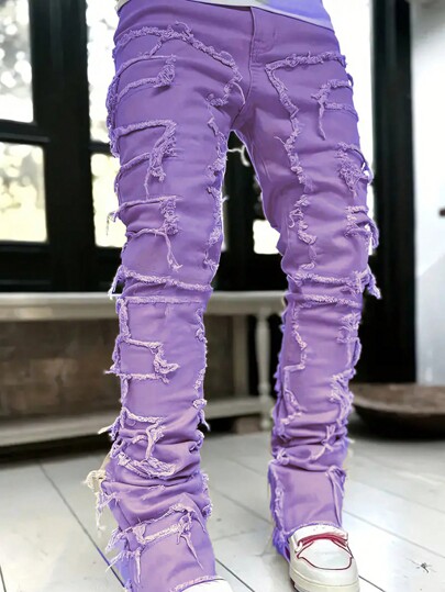 1pc Men Plain Color Raw Hem Simple Casual Denim Jeans, Daily Wear, Emo Style