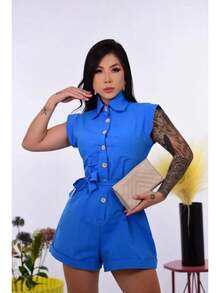 Women's 100% Cotton Linen Romper - Blue - View 1