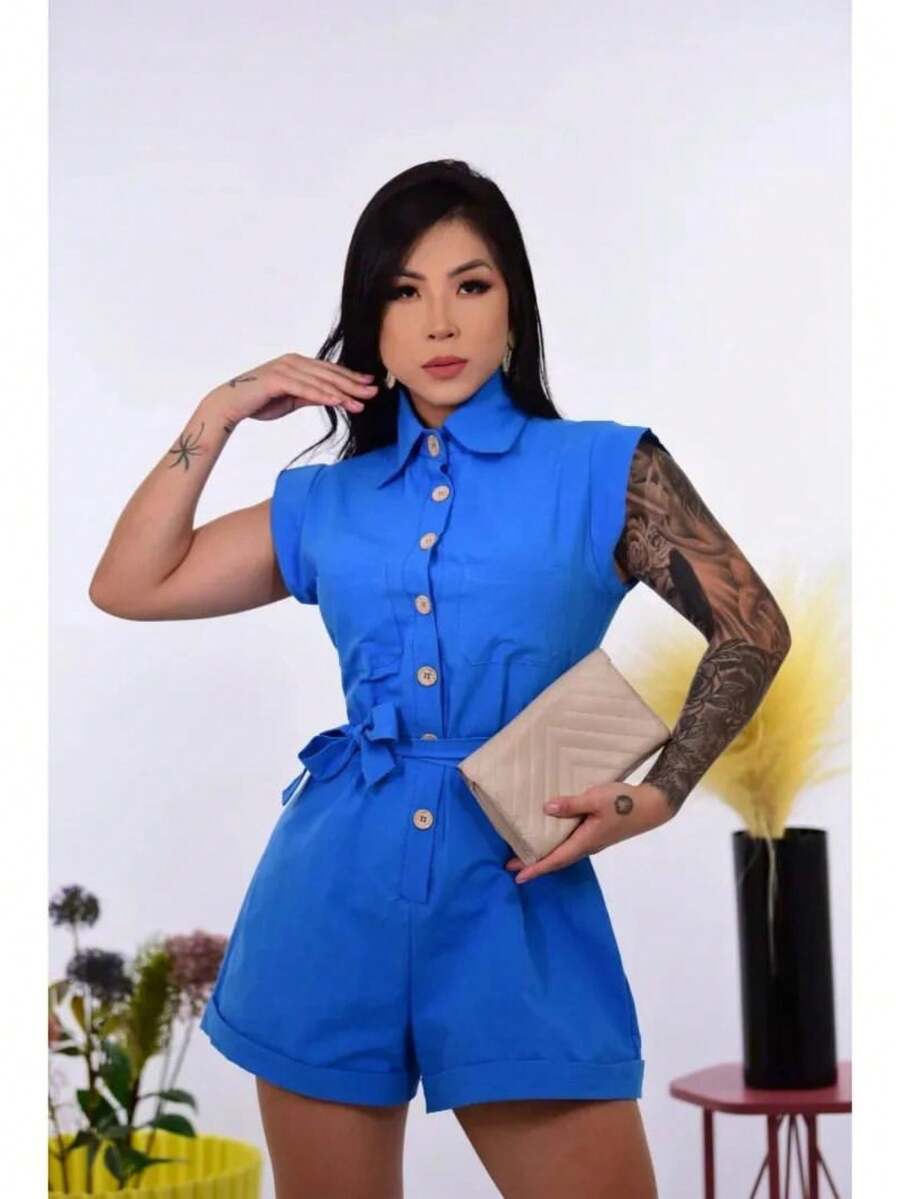 Women's 100% Cotton Linen Romper - Blue - View 1