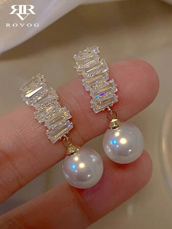 1 par de pendientes vintage elegantes de cobre geométricos con piedras de circonia incrustadas y gota de perla falsa, estilo sofisticado de moda, joyería para mujer para uso diario, fiestas, vacaciones