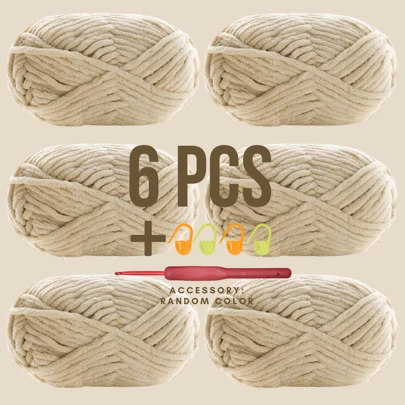 6 件/包，300 克（50 克*6），附赠免费礼品（随机颜色钩针 + 针迹标记），粗 DIY 针织纱，50 克/球，60 米/球，适用于围巾、钩针鞋、玩具等