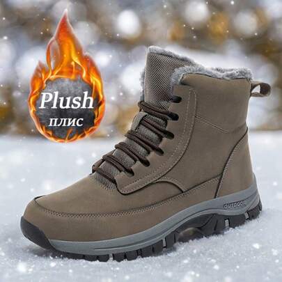 2025 Men Sneakers Winter Plush Trekking Shoes Waterproof Leather Warm Snow Boots Men Work Casual Shoes Non-Slip Ankle Boots