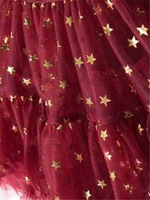 小女孩圣诞儿童TUTU裙全网纱宽腰可爱公主蛋糕蓬蓬裙，酒红色带星星