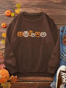 Áo nỉ cổ tròn in họa tiết bí ngô Halloween dành cho nữ - màu nâu - Xem 1