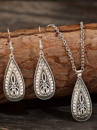 1pc Water Drop Shape Alloy Flower Carving Vintage Necklace & 1pair Earrings Set Valentines,Mom,Mother,Mother's Day,Gift