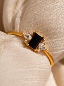 1pc Shiny Gold Women's Ring With Black Artificial Gemstone, Elegant Wedding/Engagement Ring For Daily Wear