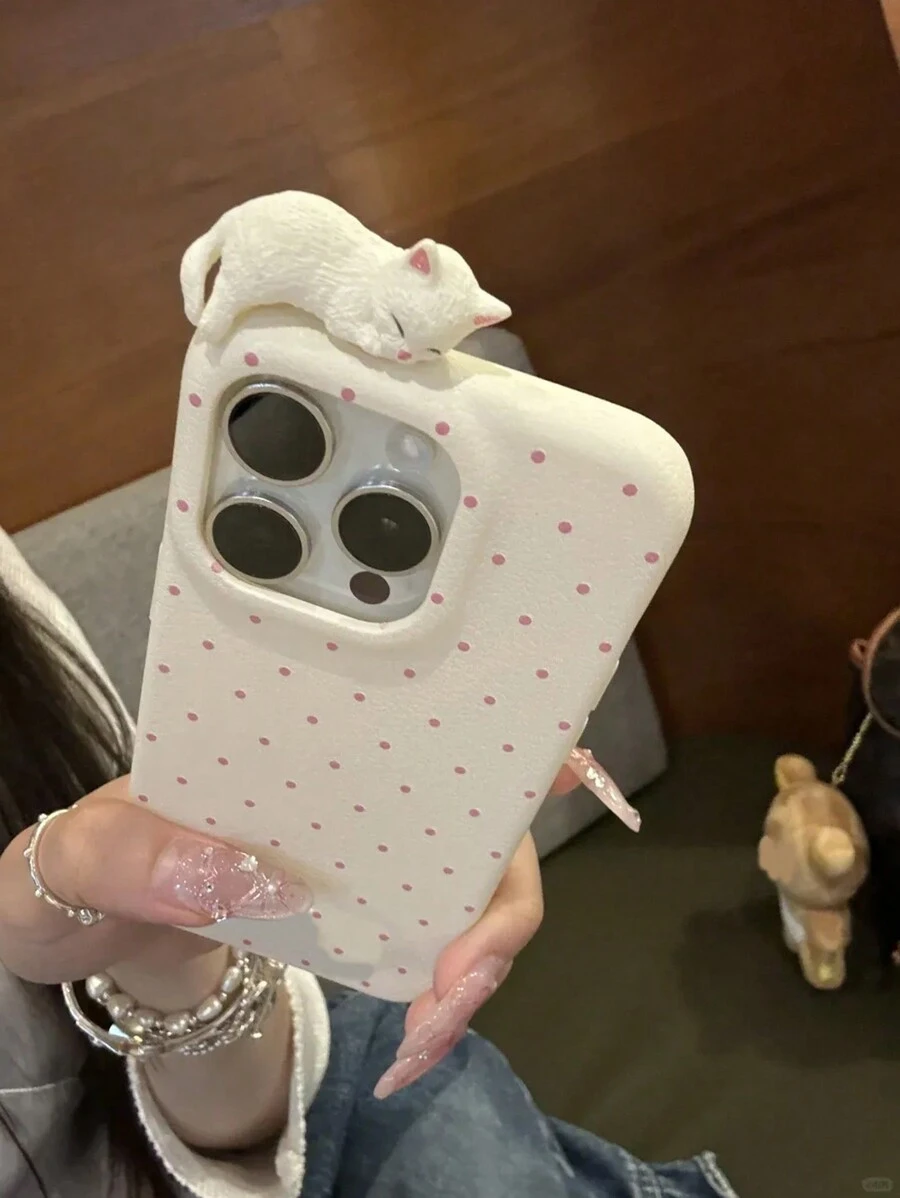 情人节可爱 3D 猫狗手机壳适用于 16 15 13 14 12 11 Pro Max 可爱小猫小狗软壳防震后盖防水防摔防刮 - 白色 - 查看 1