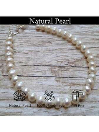 MYSOYA 100% handgemaakte minimalistische armband met natuurlijke zoetwater imitatieparels, 6-7 mm imitatieparels met karabijnsluiting, geleverd in geschenkdoos, gepersonaliseerd cadeau voor hem/haar, geschikt voor dagelijks gebruik, verjaardag, jubileum, bruiloft, Valentijnsdag, nieuwjaar