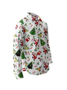 男士圣诞 3D 印花长袖衬衫，轻便夏威夷休闲衬衫圣诞系列 - 白色 - 查看 3