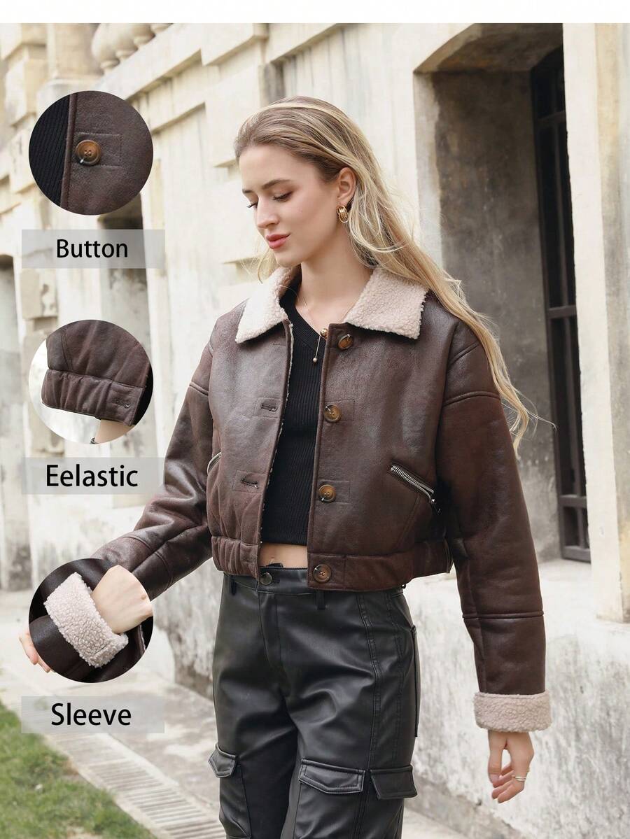 RELISH NOLESS Women's Lapel Button Jacket With Faux Fur Lining And Teddy Fleece Interior - Coffee Brown - View 1