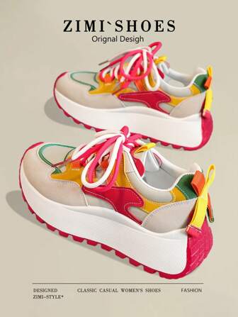 1 双女士彩色休闲运动鞋，圆头，系带，防水，适合户外，春秋季