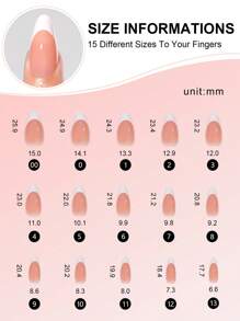 Nail Kingdom 120 piezas/caja Uñas postizas blancas francesas de almendra media, 15 tamaños diferentes. Puntas de uñas falsas profesionales previamente imprimadas con un recubrimiento superior 3 en 1 de gel suave para manualidades de manicura DIY