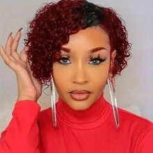 BINF T1B/99J Short Bob Curly Pixie Cut Wig 13X1 HD Transparent Lace Human Hair Wigs For Black Remy Deep Curly Lace Wig Pre Plucked Hairline - Burgundy & Đỏ đô - Xem 3