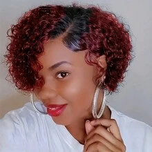 BINF T1B/99J Short Bob Curly Pixie Cut Wig 13X1 HD Transparent Lace Human Hair Wigs For Black Remy Deep Curly Lace Wig Pre Plucked Hairline - Burgundy & Đỏ đô - Xem 4