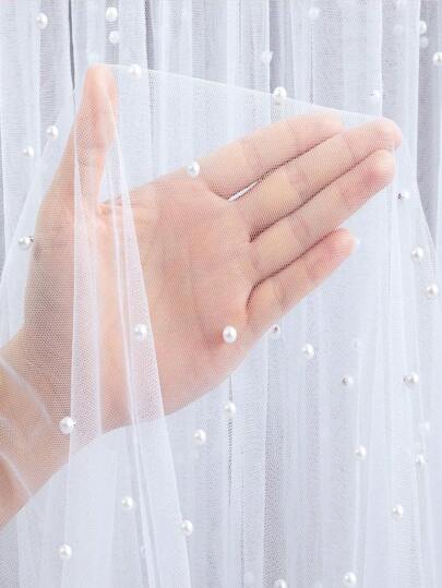 1pc White Sheer Fabric With White Pearls, High-End Bridal Dress Fabric, Wedding Decor Tulle, DIY Beading