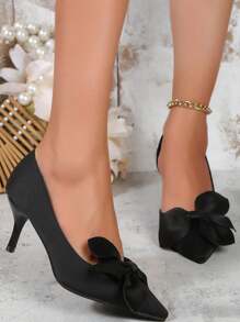 Pointed Toe Low Heeled Sandals For Women, Summer Elegant Formal Bowknot Closed Toe Kitten High Heel Shoes
