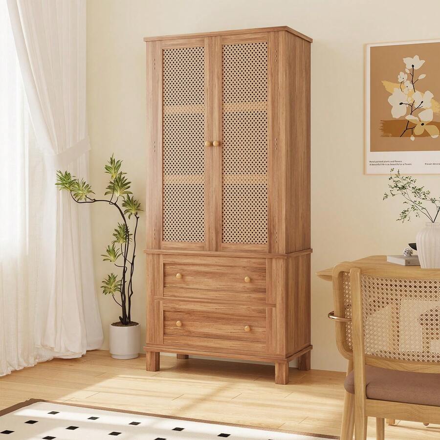 Kitchen Pantry Storage Cabinet,64" Tall Storage Cabinet With Rattan Doors And 2 Drawers,Utility Storage Cabinet With Adjustable Shelves, Freestanding Cupboard For Living Room,Kitchen,Dining Room Hallway - wood color - View 1