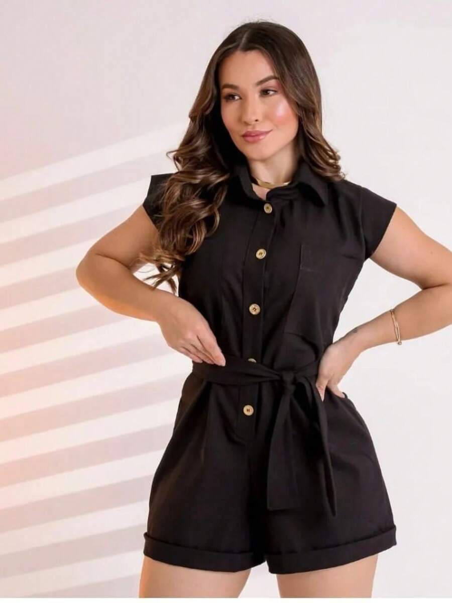 Women's 100% Cotton Linen Romper - Negro - Ver 1