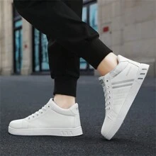 Men's Fashionable Sports Shoes, Retro College Style - Mid-Top Lace-Up Sneakers, Solid Color & Striped, Breathable Fabric Lining, PU Uppers, Durable PVC Outsole, Round Toe, Suitable For Casual Running And Daily Wear