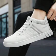 Men's Fashionable Sports Shoes, Retro College Style - Mid-Top Lace-Up Sneakers, Solid Color & Striped, Breathable Fabric Lining, PU Uppers, Durable PVC Outsole, Round Toe, Suitable For Casual Running And Daily Wear
