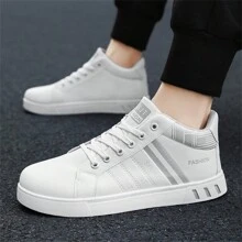 Men's Fashionable Sports Shoes, Retro College Style - Mid-Top Lace-Up Sneakers, Solid Color & Striped, Breathable Fabric Lining, PU Uppers, Durable PVC Outsole, Round Toe, Suitable For Casual Running And Daily Wear