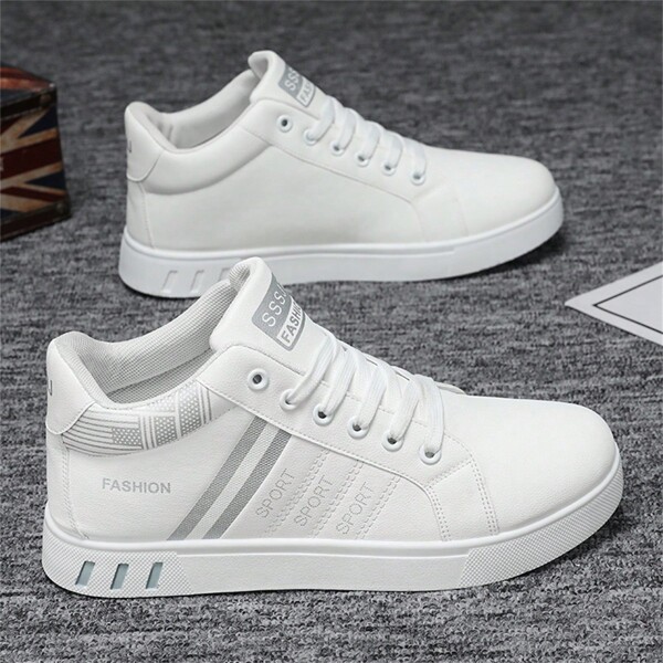 男士时尚运动鞋，复古学院风 - 中帮系带运动鞋，纯色和条纹，透气面料衬里，PU 鞋面，耐用 PVC 外底，圆头，适合休闲跑步和日常穿着