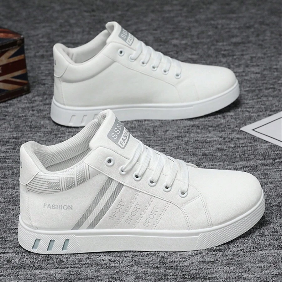 Men's Fashionable Sports Shoes, Retro College Style - Mid-Top Lace-Up Sneakers, Solid Color & Striped, Breathable Fabric Lining, PU Uppers, Durable PVC Outsole, Round Toe, Suitable For Casual Running And Daily Wear