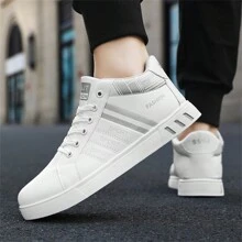 Men's Fashionable Sports Shoes, Retro College Style - Mid-Top Lace-Up Sneakers, Solid Color & Striped, Breathable Fabric Lining, PU Uppers, Durable PVC Outsole, Round Toe, Suitable For Casual Running And Daily Wear
