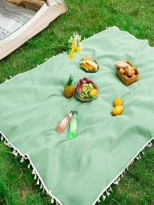 1 件绿色纯色野餐垫，清新简约风格，带流苏装饰，便携式户外防水速干野餐毯，适合旅行、聚会、派对、庆祝 - 彩色 - 查看 1