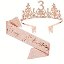 2 件/套女士玫瑰金佩戴皇冠玫瑰金这是我的生日腰带丝带头带发梳水钻水晶皇冠头饰生日快乐装饰周年装饰生日快乐缎带腰带派对用品腰带丝带水钻皇冠生日快乐男女皆宜，圣诞节 - 玫瑰金 - 查看 13