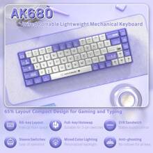 ATTACK SHARK AK680 60% Wired Mechanical Gaming Keyboard,Hot-Swappable,RGB Rainbow Backlit,UV Printing And EVA Sound Control,Fully Anti-Ghosting,Programmable,Red Switch - 紫白色 - 查看 2