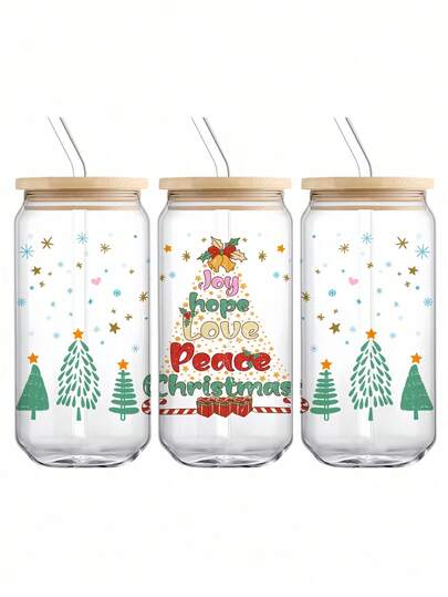 1 Pc Cup Christmas Tree Blessing 550ml Glass, High Borosilicate Glass, Cup With Sealed Bamboo Lid And Straw, Christmas, Suitable For Office And School, For Coffee, Tea, Beer, Juice, Hot And Cold Drinks, Smoothies, Etc, Reusable, Thermal Insulation, Used For Party, Gatherings, Festivals, Thanksgiving, Teachers' Day, Holiday Gifts, A Gift For Mom, Boyfriends And Girlfriends, Best Friend, Bride., Christmas Gift