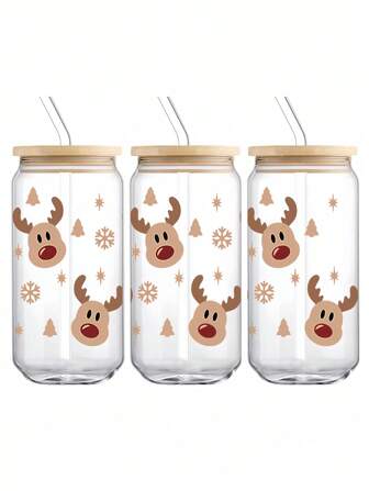1 Pc Cup Brown Elk 550ml High Borosilicate Glass,Cup With Sealed Bamboo Lid And Straw, Christmas, Halloween,Suitable For Office And School, For Coffee, Tea, Beer, Juice, Hot And Cold Drinks, Smoothies, Etc,Reusable, Thermal Insulation, Used For Party, Gatherings, Festivals, Thanksgiving,Teachers' Day, Holiday Gifts, A Gift For Mom, Lovers, Boyfriends And Girlfriends,Best Friend, Bride.