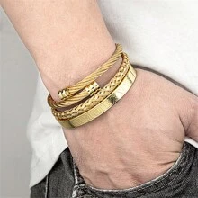 3pcs European And American Fashion Steel Wire Braided Bangle Set With Round Ends And Roman Numerals, Stainless Steel Bracelets For Women
