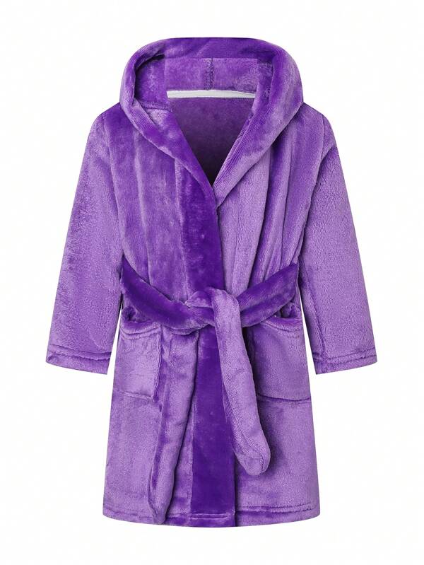 Young Girl Flannel Hooded Bathrobe, Purple, Soft & Comfortable, Suitable For Post-Bath, Autumn/Winter