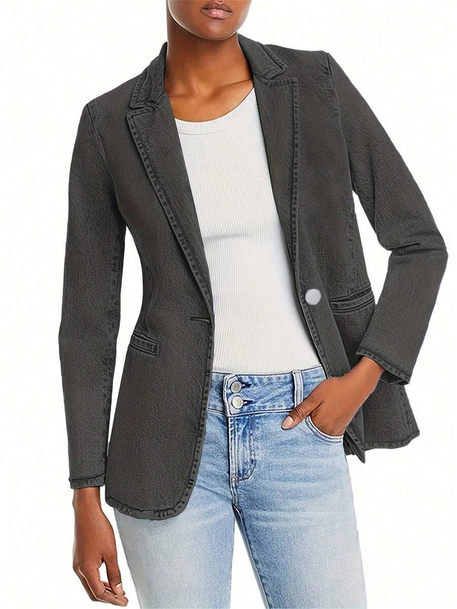 Women Long Sleeve Waist Tucked Tighten Denim Jacket Top Fashion Solid Color Denim Suit Jacket Button Pocket Denim Suit Jacket - 灰色 - 查看 1