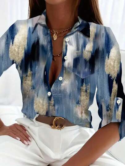 Camisa feminina casual solta com estampa tie-dye e mangas com babados, outono