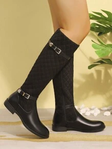 Nuevas botas altas cómodas y antideslizantes para mujer para otoño/invierno 2024, con decoración de metal bordado, botas negras, botas casuales y versátiles con cremallera lateral hasta la pantorrilla, botas de estilo occidental con puntera redonda y suela gruesa