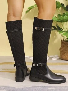 Nuevas botas altas cómodas y antideslizantes para mujer para otoño/invierno 2024, con decoración de metal bordado, botas negras, botas casuales y versátiles con cremallera lateral hasta la pantorrilla, botas de estilo occidental con puntera redonda y suela gruesa