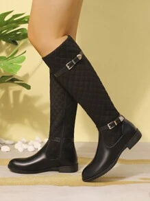 Nuevas botas altas cómodas y antideslizantes para mujer para otoño/invierno 2024, con decoración de metal bordado, botas negras, botas casuales y versátiles con cremallera lateral hasta la pantorrilla, botas de estilo occidental con puntera redonda y suela gruesa