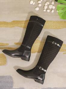 Nuevas botas altas cómodas y antideslizantes para mujer para otoño/invierno 2024, con decoración de metal bordado, botas negras, botas casuales y versátiles con cremallera lateral hasta la pantorrilla, botas de estilo occidental con puntera redonda y suela gruesa