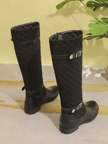 Nuevas botas altas cómodas y antideslizantes para mujer para otoño/invierno 2024, con decoración de metal bordado, botas negras, botas casuales y versátiles con cremallera lateral hasta la pantorrilla, botas de estilo occidental con puntera redonda y suela gruesa